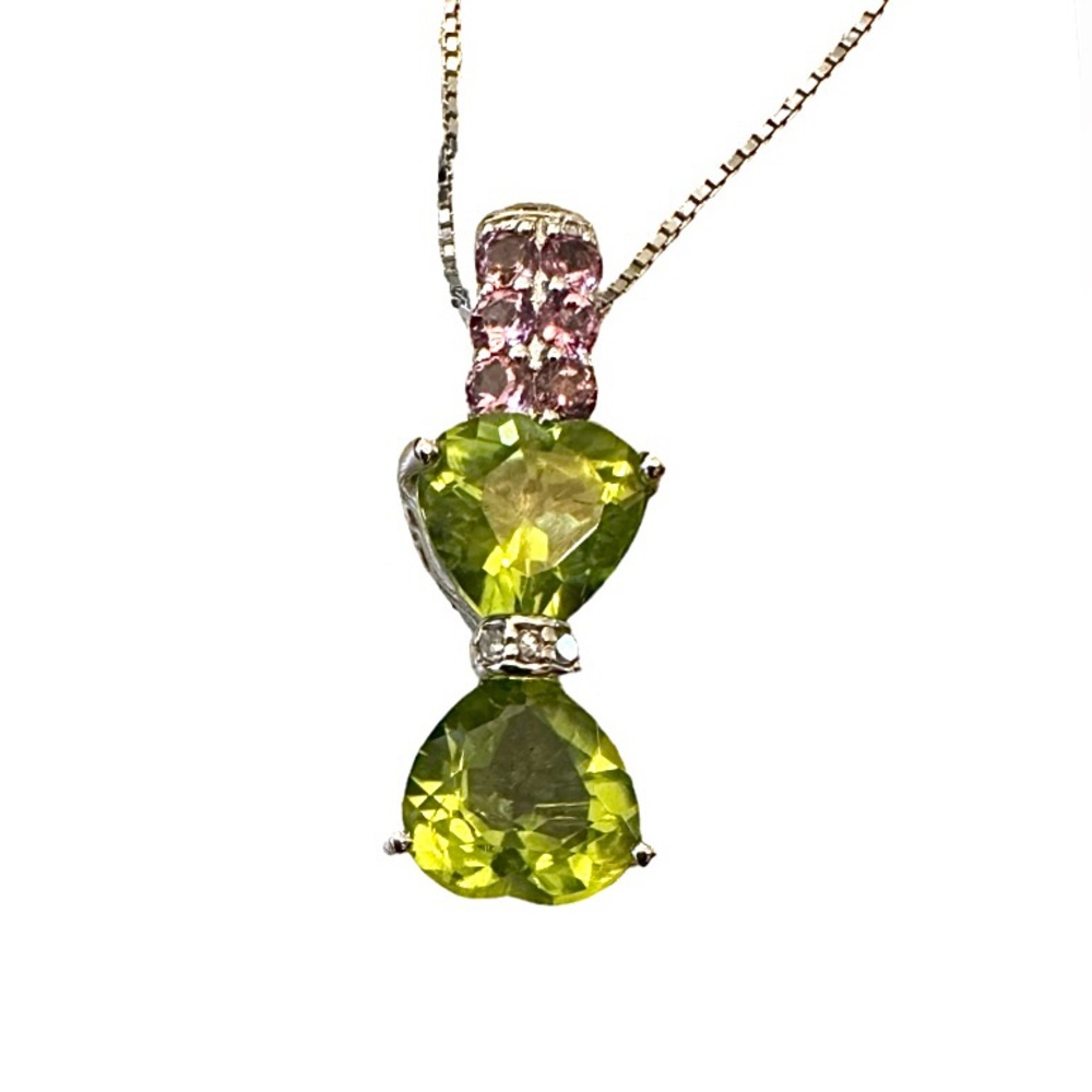 Chartreuse green peridot and pink gemstone bow pendant necklace 🎀💚